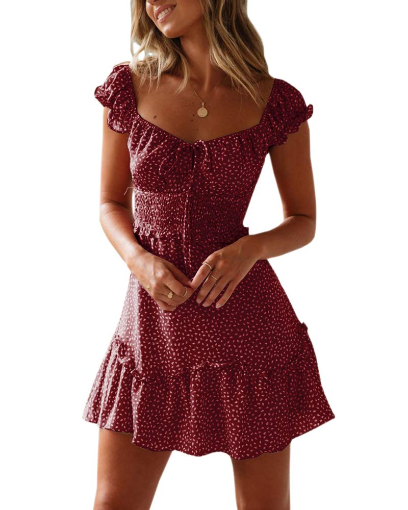 YOBECHO Womens Summer Ruffle Sleeve Sweetheart Neckline Printing Dress Mini Dresses Wine Red - Image 1